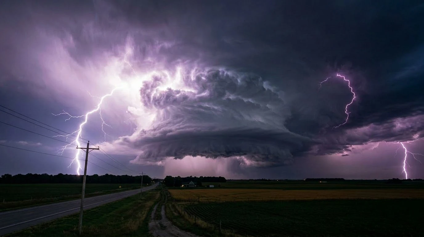 Iowa countryside with severe storm approaching and large lightning strike